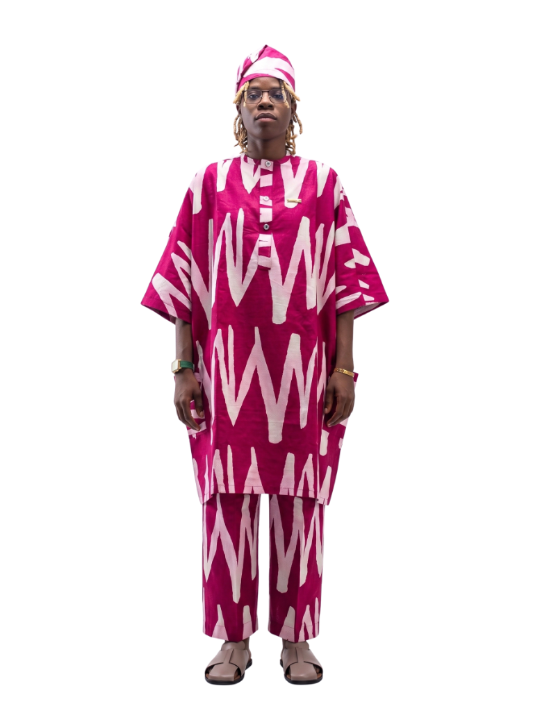 Prestige Magenta & Ivory Zigzag Adire Kaftan Set